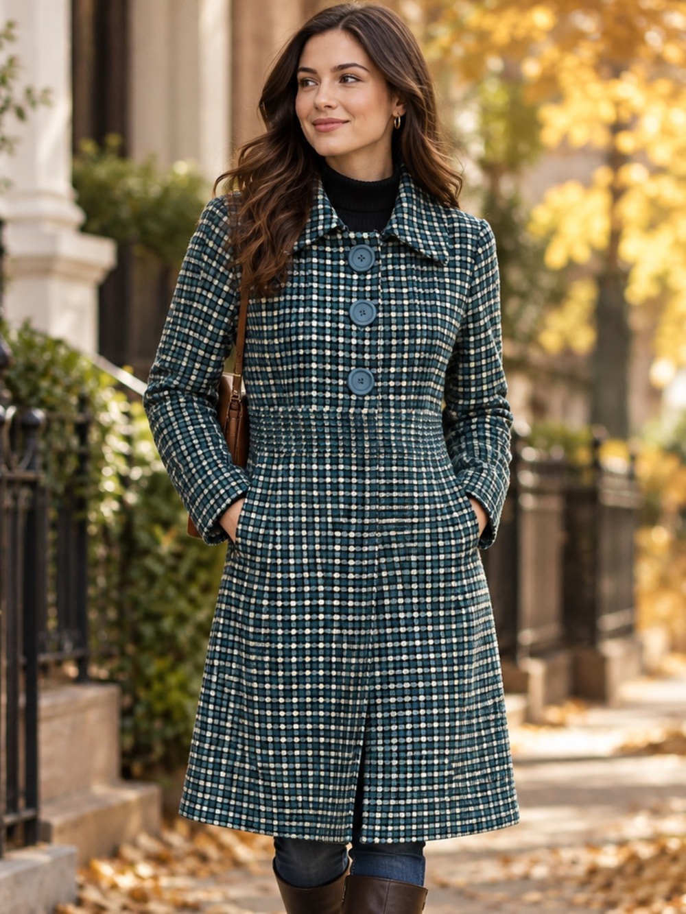 Arden B Wool Blend Teal Check Long Coat Size M